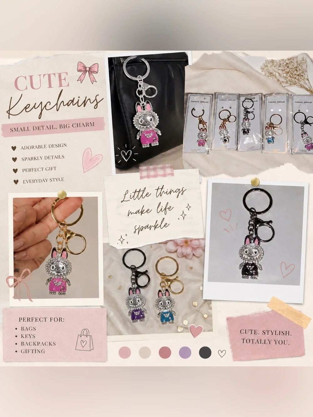 Cute Rhinestone Keychain Bag Charm Bundle | Kawaii Purse Charm Set